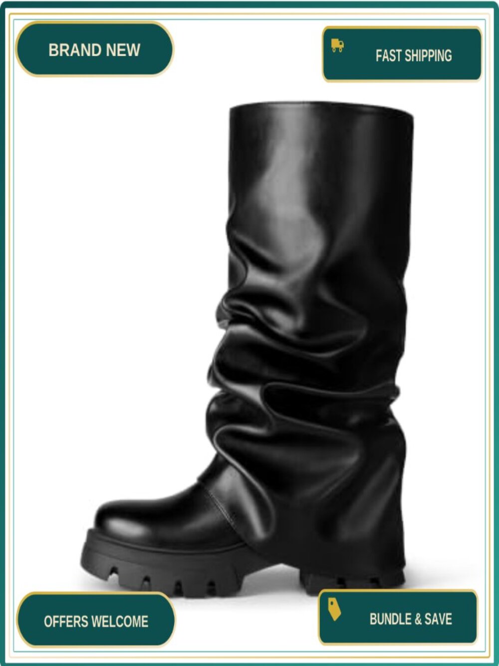 Faux Leather Ruched Mid Calf Slouchy Boots